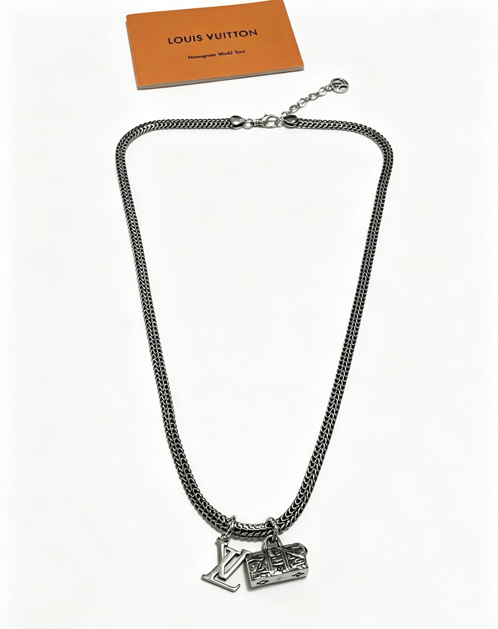 Louis Vuitton Silver Tone Chain Necklace with LV and Monogram Bag Charms